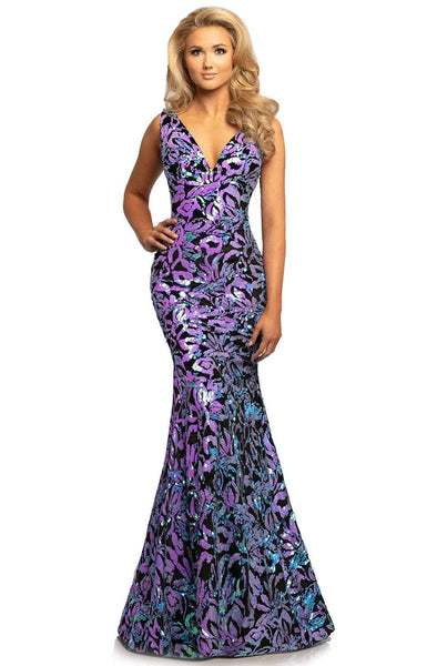 V-neck Plunging Neck Sleeveless Fit-and-Flare Mermaid Velvet Fitted Mesh Back Zipper Sequined V Back Natural Waistline Evening Dress with a Brush/Sweep Train