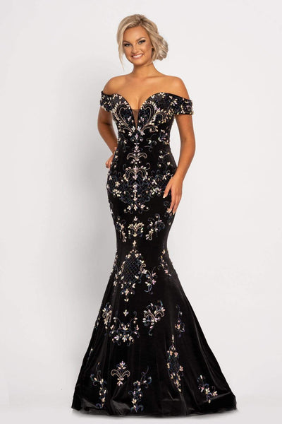 Fitted Illusion Mesh Crystal Plunging Neck Sweetheart Off the Shoulder Natural Waistline Mermaid Velvet Dress with a Brush/Sweep Train