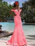 Mermaid Off the Shoulder Fitted Illusion Crystal Mesh Plunging Neck Sweetheart Natural Waistline Velvet Dress with a Brush/Sweep Train