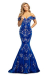 Fitted Mesh Illusion Crystal Off the Shoulder Velvet Mermaid Plunging Neck Sweetheart Natural Waistline Dress with a Brush/Sweep Train