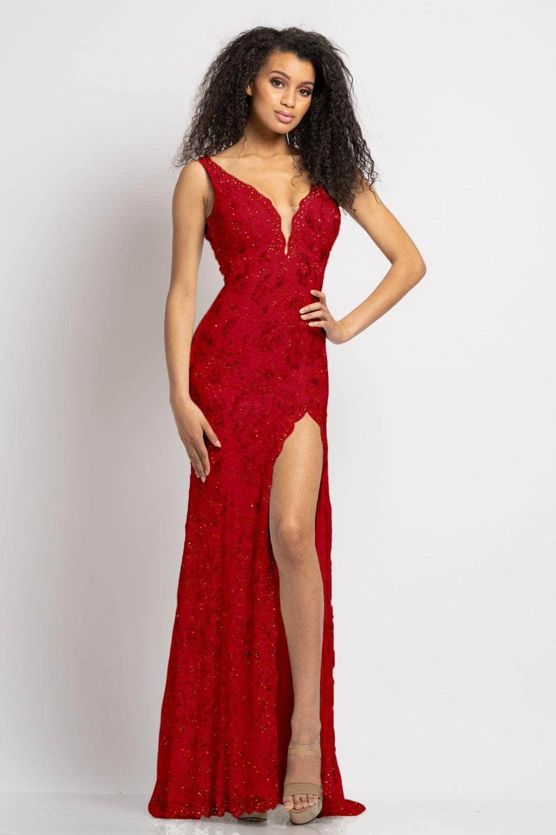 Johnathan Kayne - 2181 Lace Deep V-Neck Embellished High Slit Dress
