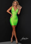 V-neck Spandex Empire Waistline Ruched Illusion Gathered Mesh Back Zipper Open-Back Sheer Crystal Sleeveless Sheath Short Plunging Neck Sheath Dress