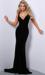 V-neck Ruched Fitted Open-Back Sheath Velvet Sleeveless Floor Length Natural Waistline Sheath Dress/Evening Dress with a Court Train