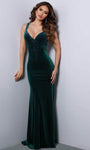 V-neck Velvet Sheath Sleeveless Floor Length Fitted Open-Back Ruched Natural Waistline Sheath Dress/Evening Dress with a Court Train