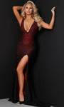 V-neck Spandex Sleeveless Sheath Natural Waistline Floor Length Plunging Neck Open-Back Slit Back Zipper Fitted Sheath Dress with a Brush/Sweep Train