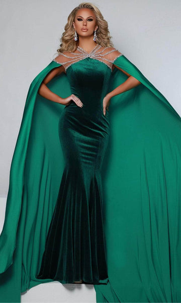 Floor Length Illusion Beaded Velvet Natural Waistline Mermaid Jeweled Neck Evening Dress with a Brush/Sweep Train