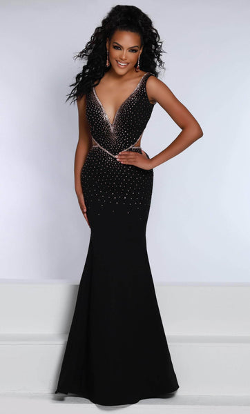 Sophisticated V-neck Trim Sleeveless Tank Mermaid Open-Back Jeweled Cutout Lace-Up Plunging Neck Basque Waistline Evening Dress with a Brush/Sweep Train With Rhinestones