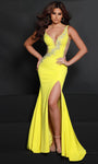 Sexy V-neck Plunging Neck Beaded Sheer Cutout Asymmetric Slit Illusion Mermaid Natural Waistline Sleeveless Knit Evening Dress with a Brush/Sweep Train With Rhinestones