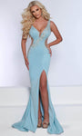 Sexy V-neck Sleeveless Knit Natural Waistline Plunging Neck Mermaid Sheer Asymmetric Slit Beaded Illusion Cutout Evening Dress with a Brush/Sweep Train With Rhinestones