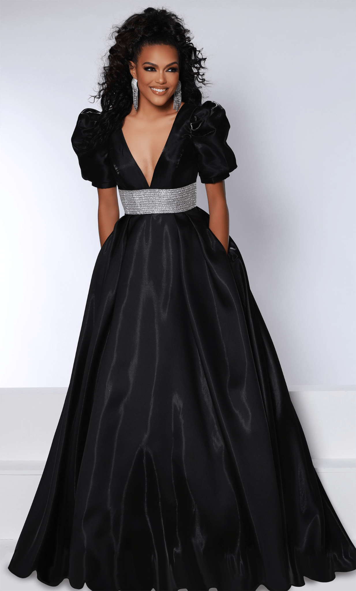 Sophisticated V-neck Empire Waistline Puff Sleeves Short Sleeves Sleeves Satin Short Crystal Open-Back Pocketed Plunging Neck Dress with a Court Train