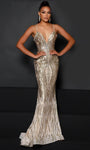 V-neck Spaghetti Strap Sequined Open-Back Plunging Neck General Print Natural Waistline Mermaid Evening Dress with a Brush/Sweep Train