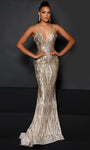 V-neck Sequined Open-Back General Print Spaghetti Strap Mermaid Natural Waistline Plunging Neck Evening Dress with a Brush/Sweep Train