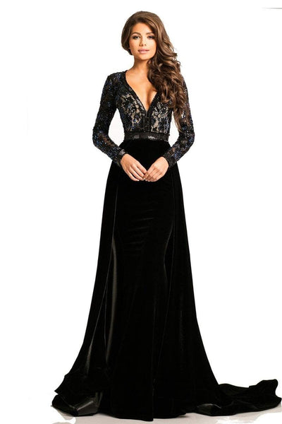 Sophisticated A-line V-neck Long Sleeves Plunging Neck Natural Waistline Sheer Jeweled Crystal Back Zipper Cutout Open-Back Beaded Sheath Floor Length Sheath Dress with a Brush/Sweep Train