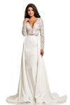 Sophisticated A-line V-neck Natural Waistline Cutout Beaded Open-Back Sheer Back Zipper Crystal Jeweled Plunging Neck Sheath Long Sleeves Floor Length Sheath Dress with a Brush/Sweep Train