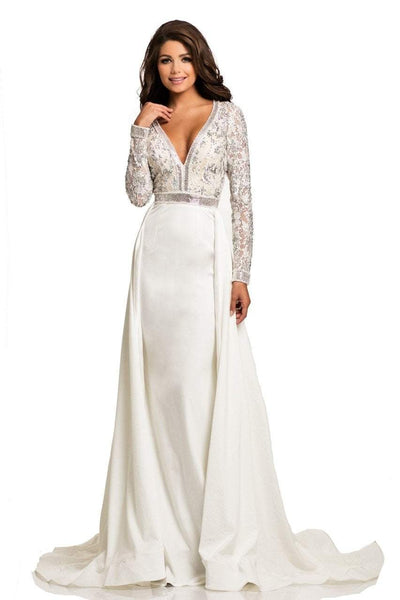 Sophisticated A-line V-neck Plunging Neck Natural Waistline Long Sleeves Beaded Crystal Jeweled Open-Back Cutout Back Zipper Sheer Sheath Floor Length Sheath Dress with a Brush/Sweep Train