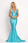 Sophisticated V-neck Fitted Pleated Mesh Back Zipper Ruched V Back Crystal Beaded Plunging Neck Spandex Floor Length Mermaid Sleeveless Empire Waistline Dress with a Brush/Sweep Train