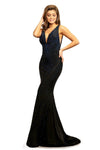 Sophisticated V-neck Spandex Crystal Fitted Back Zipper Ruched Pleated Mesh Beaded V Back Floor Length Empire Waistline Sleeveless Mermaid Plunging Neck Dress with a Brush/Sweep Train