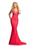 Sophisticated V-neck Mermaid Sleeveless Spandex Mesh Beaded Ruched V Back Crystal Pleated Fitted Back Zipper Floor Length Plunging Neck Empire Waistline Dress with a Brush/Sweep Train