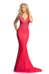 Sophisticated V-neck Sleeveless Floor Length Spandex Empire Waistline Plunging Neck Mesh Beaded Ruched Pleated Back Zipper Crystal Fitted V Back Mermaid Dress with a Brush/Sweep Train