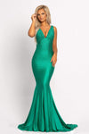 Sophisticated V-neck Back Zipper Fitted Mesh V Back Beaded Pleated Crystal Ruched Mermaid Empire Waistline Plunging Neck Spandex Floor Length Sleeveless Dress with a Brush/Sweep Train