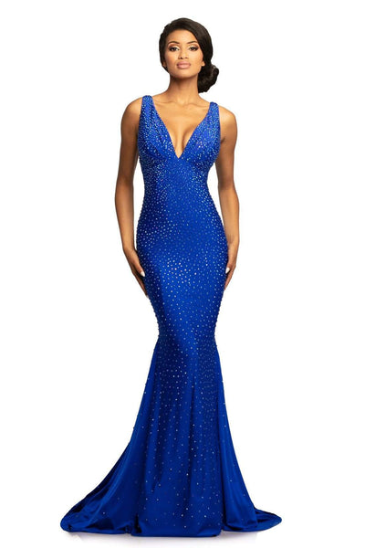Sophisticated V-neck Empire Waistline Mermaid Floor Length Sleeveless Plunging Neck Back Zipper Pleated Beaded V Back Ruched Crystal Fitted Mesh Spandex Dress with a Brush/Sweep Train
