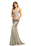 Sophisticated V-neck Floor Length Mermaid Plunging Neck Spandex Sleeveless Crystal Beaded Fitted Pleated Ruched Back Zipper V Back Mesh Empire Waistline Dress with a Brush/Sweep Train