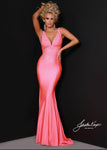 Sophisticated V-neck Floor Length Mermaid Empire Waistline Sleeveless Pleated Beaded Back Zipper Fitted Mesh Ruched Crystal V Back Plunging Neck Spandex Dress with a Brush/Sweep Train