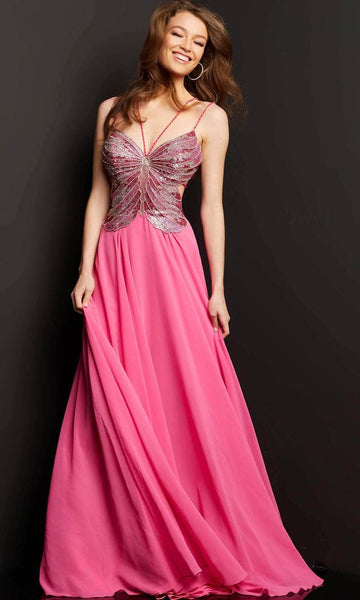 Sexy Sophisticated A-line V-neck Strapless Natural Waistline Backless Back Zipper Beaded Halter Prom Dress with a Brush/Sweep Train