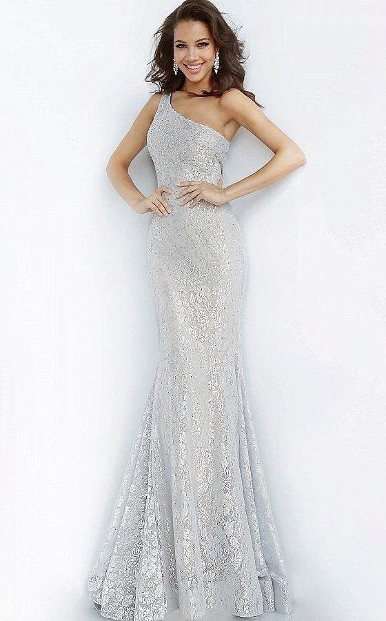 Jovani - 00353 One Shoulder Stretch Metallic Lace Trumpet Dress
