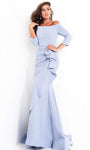 Ruched Draped 3/4 Sleeves Off the Shoulder Mermaid Floor Length Crepe Natural Waistline Evening Dress with a Brush/Sweep Train With Ruffles