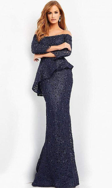 Sheath Long Sleeves Off the Shoulder Natural Waistline Sequined Beaded Glittering Peplum Asymmetric Fitted Lace Floor Length Sheath Dress with a Brush/Sweep Train