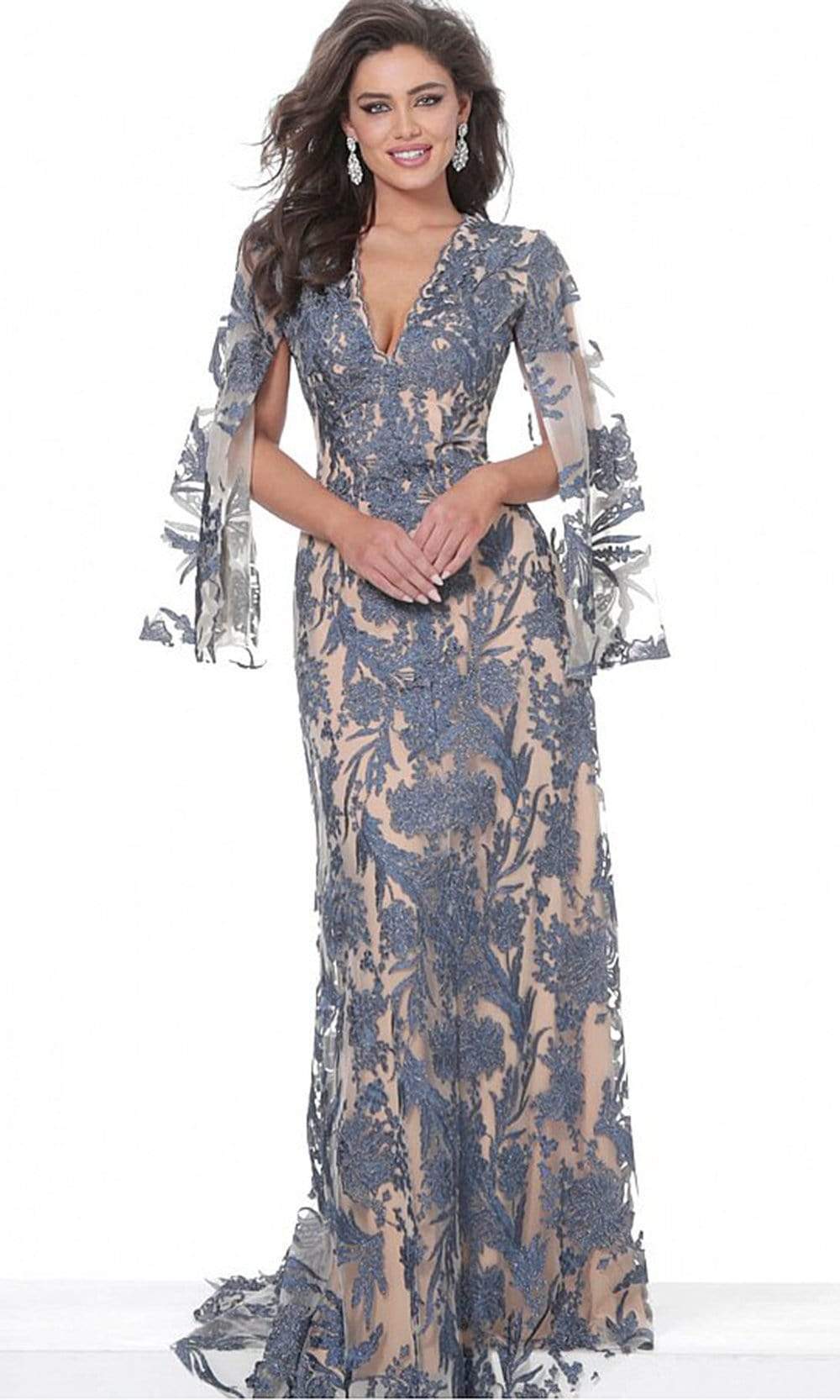 Jovani - 00752 Cape Sleeve Novelty Lace Sheath Gown
