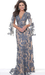 V-neck Long Sleeves Lace Sheath Fall Floral Print Draped Back Zipper Natural Waistline Floor Length Plunging Neck Sheath Dress with a Brush/Sweep Train