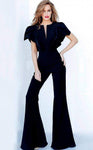 00762 Ruffle Angel Sleeved Split Neckline Jumpsuit