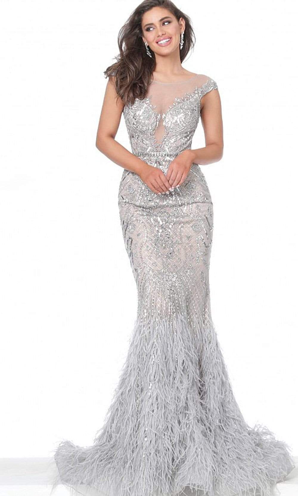 Jovani - 00880 Metallic Ornate Feather-Fringed Flare Gown
