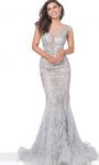 Tall Metallic Scoop Neck Beaded Cutout Sheer Jeweled Illusion Back Zipper Mesh Mermaid Natural Waistline Cap Sleeves Dress with a Court Train with a Brush/Sweep Train
