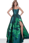 Sophisticated A-line Strapless Natural Waistline Satin Scoop Neck Slit Wrap Gathered Back Zipper Embroidered Floral Print Prom Dress with a Chapel Train