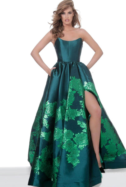 Sophisticated A-line Strapless Natural Waistline Satin Back Zipper Slit Embroidered Gathered Wrap Floral Print Scoop Neck Prom Dress with a Chapel Train