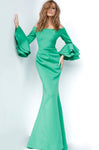 Sophisticated Mermaid Floor Length Natural Waistline Fall Back Zipper Draped Tiered Open-Back Bell Sleeves Off the Shoulder Prom Dress with a Brush/Sweep Train