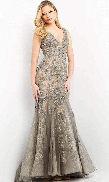 V-neck General Print Natural Waistline Sleeveless Mermaid Beaded Vintage Fitted Sequined Applique Crystal Floor Length Plunging Neck Evening Dress with a Brush/Sweep Train