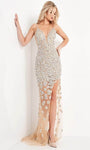 V-neck Sleeveless Spaghetti Strap Plunging Neck Beaded Illusion Open-Back Sheer Sequined Slit Sheath Natural Waistline Sheath Dress/Evening Dress with a Brush/Sweep Train