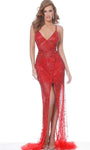 Sexy V-neck Natural Waistline Sheath Plunging Neck Sleeveless Slit Beaded V Back Fitted Back Zipper Sheath Dress/Party Dress with a Brush/Sweep Train