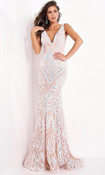 V-neck Fit-and-Flare Mermaid Sleeveless Natural Waistline V Back Open-Back Sequined Hidden Back Zipper Sheer Cutout Fitted Plunging Neck Evening Dress/Prom Dress with a Brush/Sweep Train
