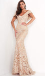 V-neck Embroidered Open-Back Back Zipper Natural Waistline Off the Shoulder Mermaid Lace Dress with a Brush/Sweep Train