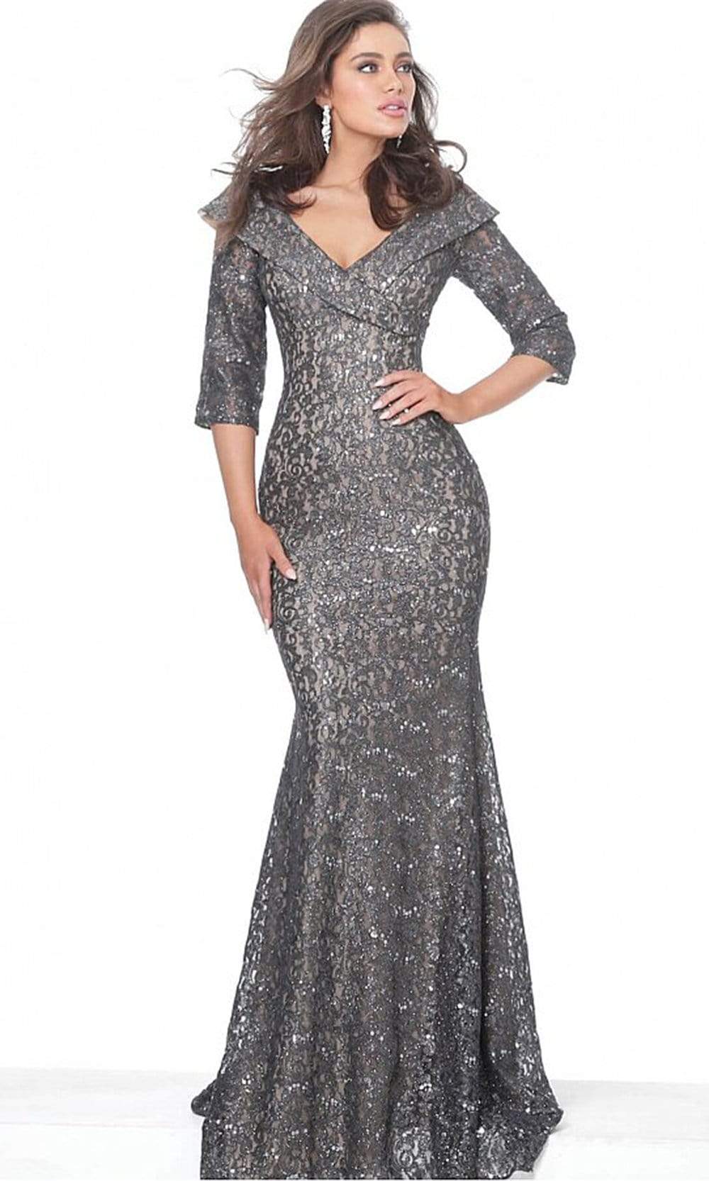 Jovani - 03426 Lace Wide V-Neck Trumpet Dress
