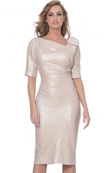 Asymmetric Fitted Ruched Natural Waistline 3/4 Sleeves One Shoulder Sheath Above the Knee Sheath Dress With a Bow(s)