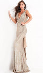 V-neck Natural Waistline Floor Length Sleeveless Sheath V Back Sequined Sheer Plunging Neck Sheath Dress with a Brush/Sweep Train