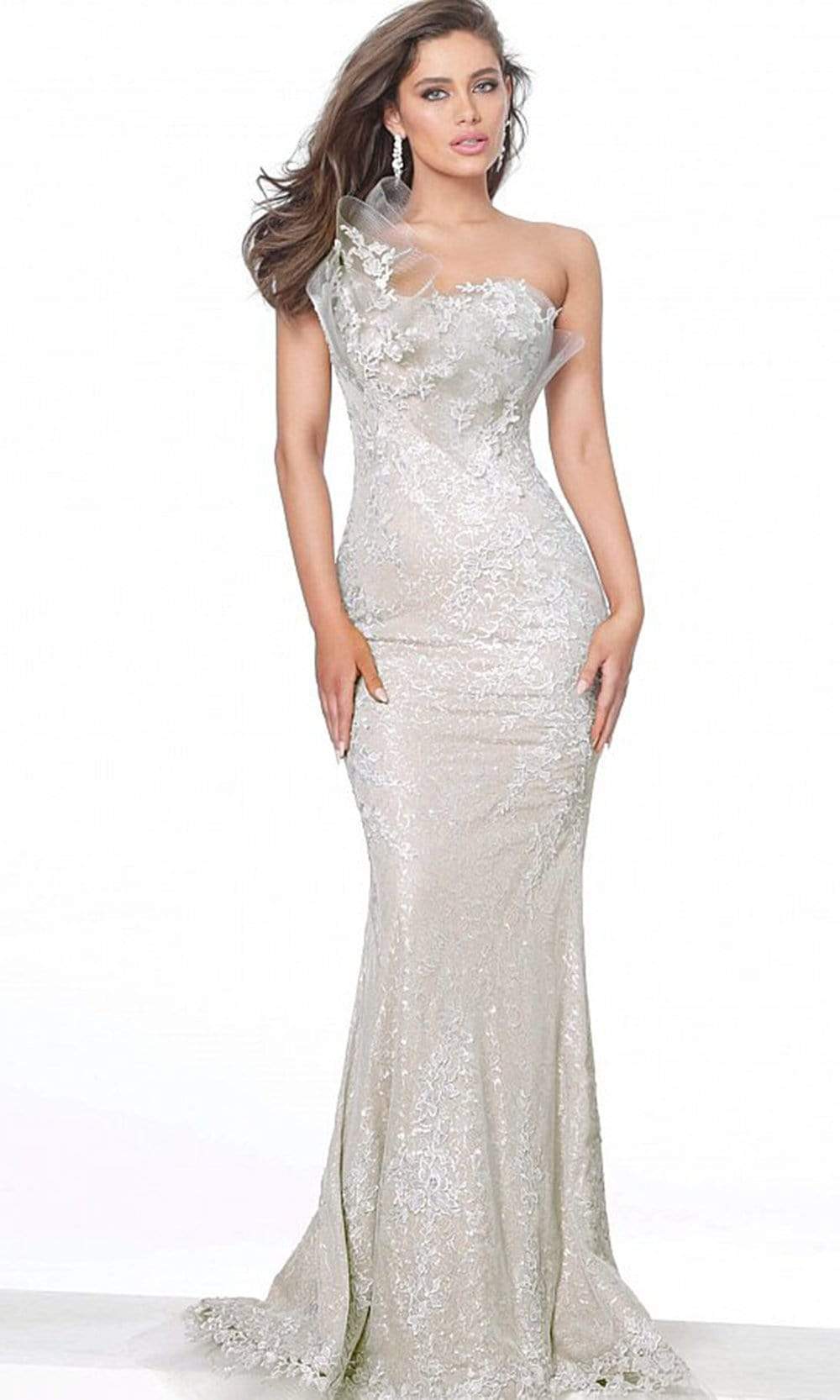 Jovani - 03904 Lace Asymmetric Neck Trumpet Dress
