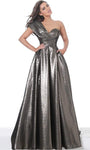 Tall A-line Metallic Back Zipper Pleated Ruched Asymmetric Jacquard Draped Pocketed Open-Back Short Sleeves Sleeves One Shoulder Floor Length Sweetheart Empire Waistline Dress with a Brush/Sweep Train