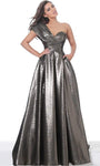 Tall A-line Sweetheart Metallic Floor Length Open-Back Jacquard Pleated Pocketed Back Zipper Ruched Asymmetric Draped Empire Waistline Short Sleeves Sleeves One Shoulder Dress with a Brush/Sweep Train